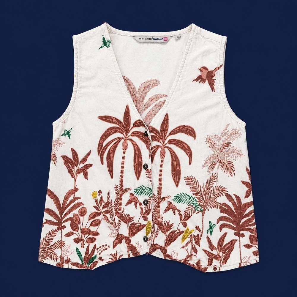 Melange Colour Me Lightweight Vest S Tropical Bird Palm Print Button Front